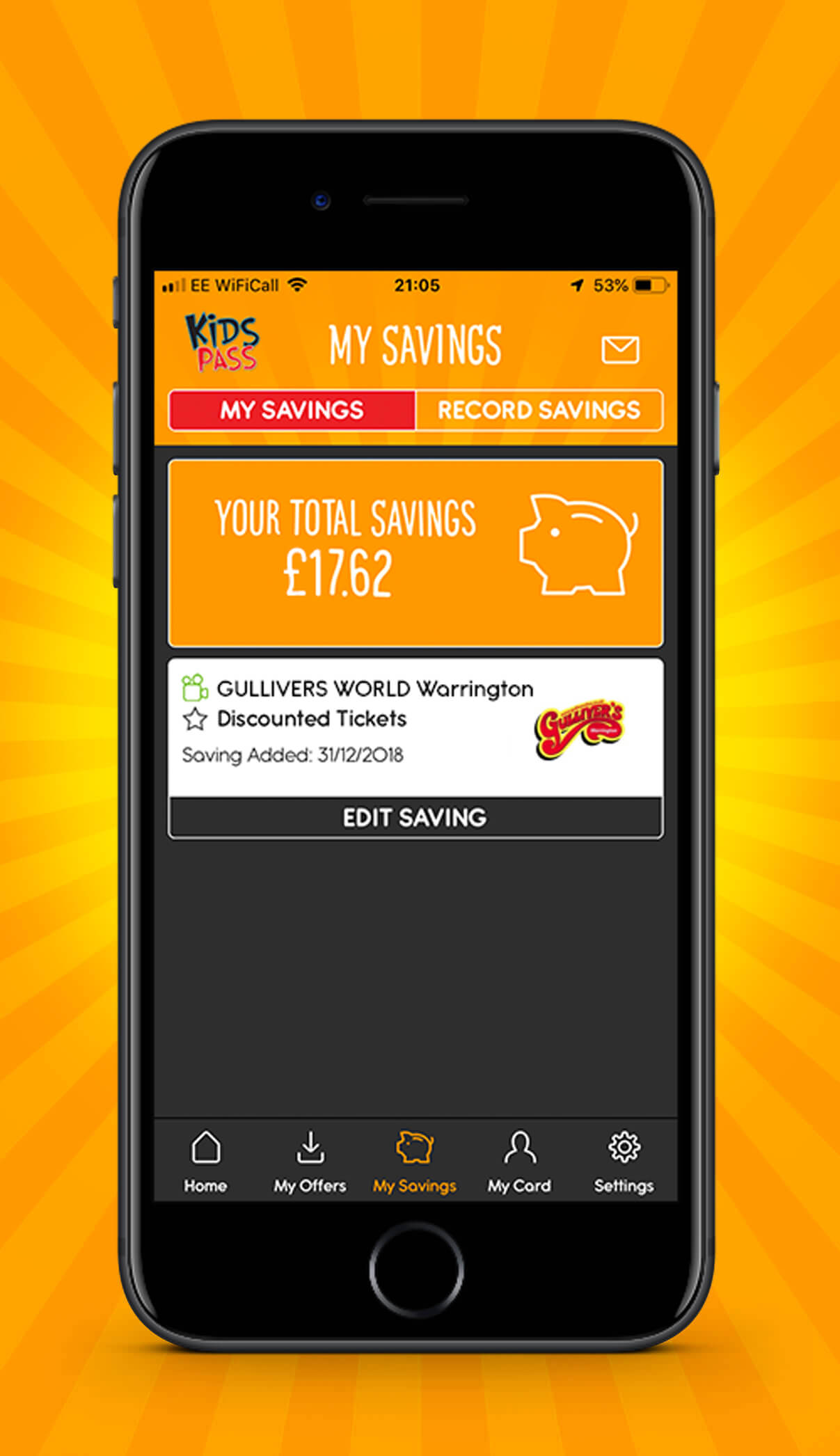 kids pass app savings screen