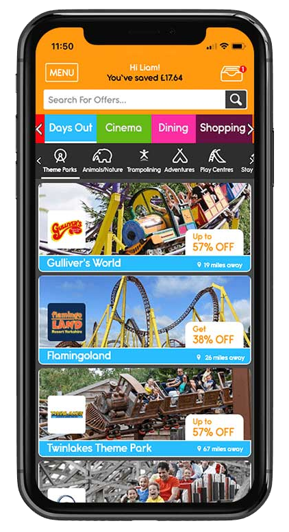 theme parks listing page on new kids pass app