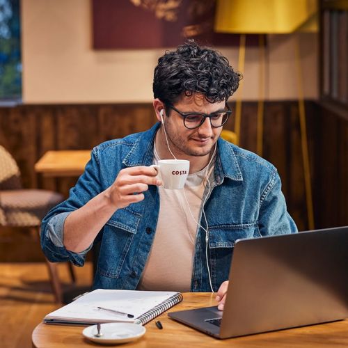 Working from Costa Coffee with a Hot Drink