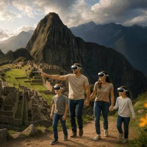 Family exploring Machu Picchu in virtual reality