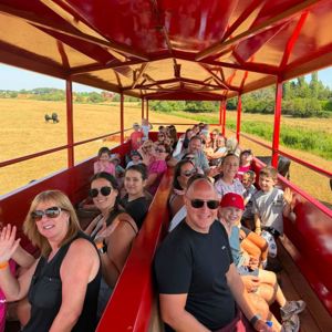 Family farm trailer ride at Lower Drayton Farm